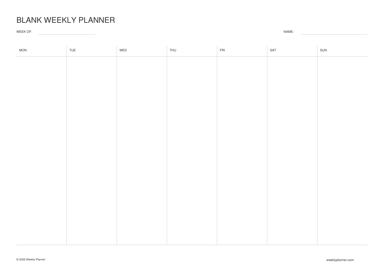 Preview of the Blank Weekly Planner, a printable A4 Landscape worksheet