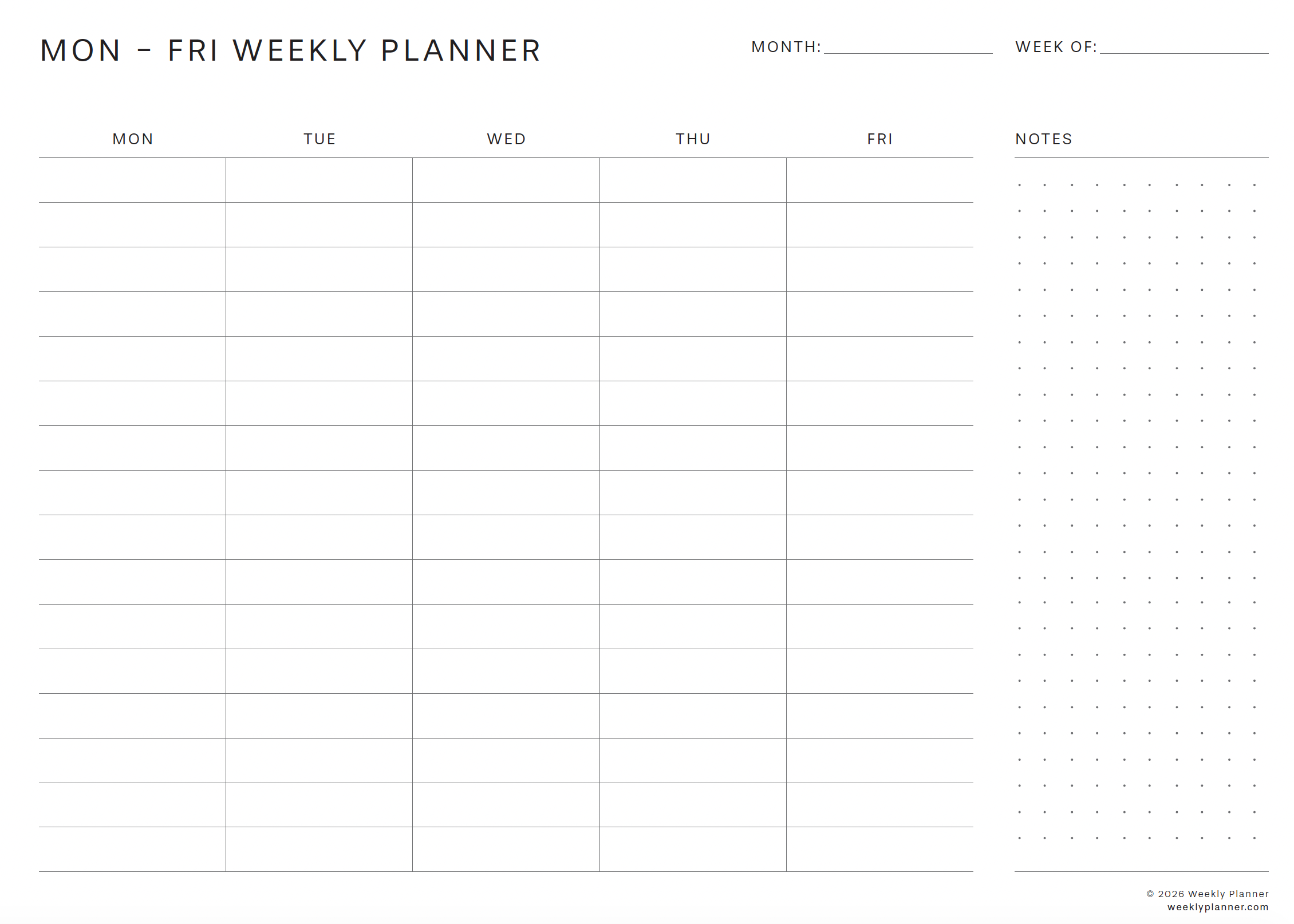 Preview of the Monday to Friday Planner (A4 Landscape)