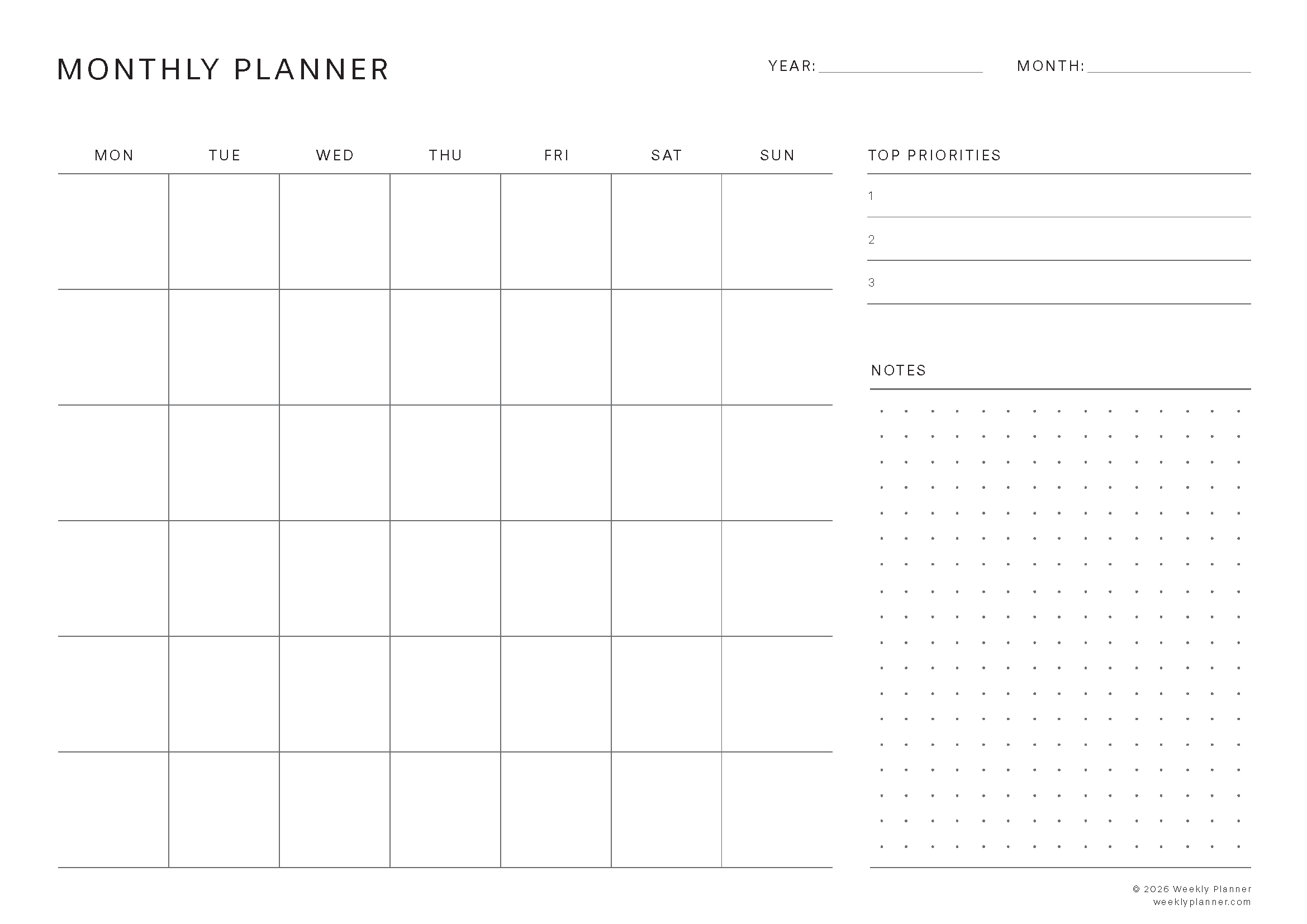 Preview of the Monthly Planner (A4 Portrait)