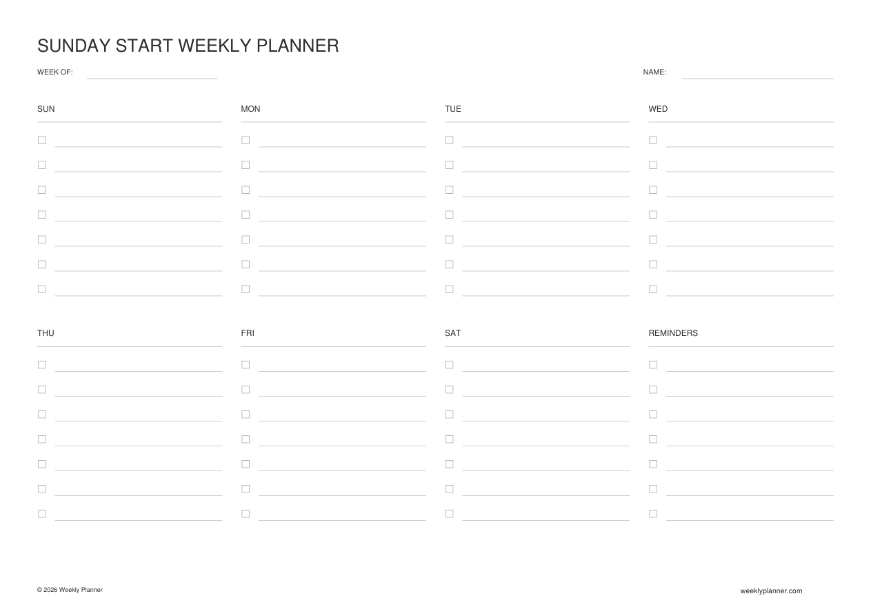 Preview of the Sunday Start Weekly Planner, a printable A4 Landscape worksheet