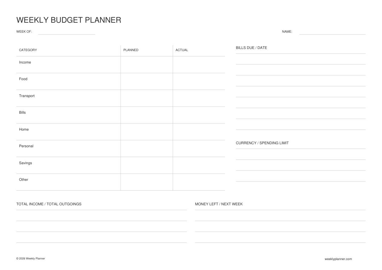 Preview of the Weekly Budget Planner (A4 Landscape)