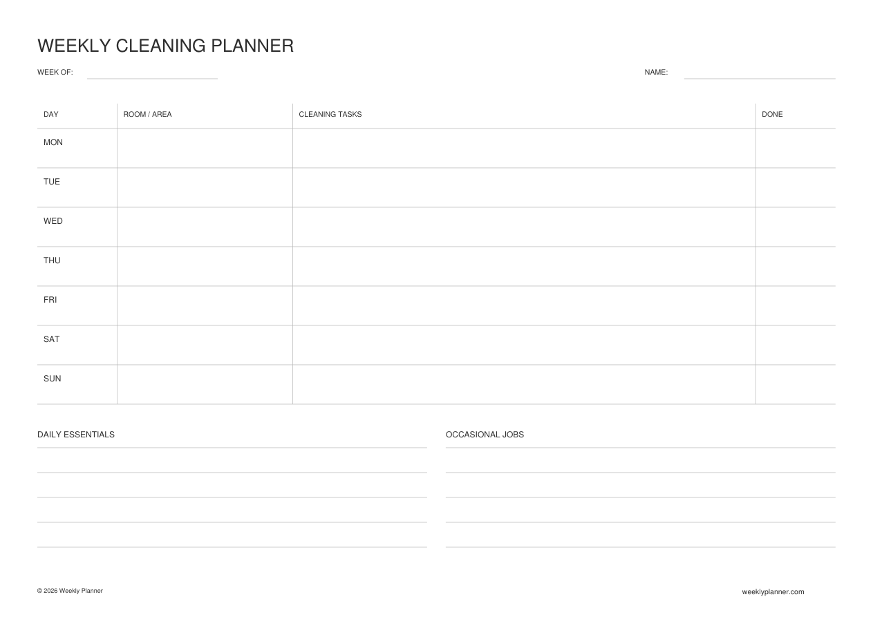 Preview of the Weekly Cleaning Planner (A4 Landscape)