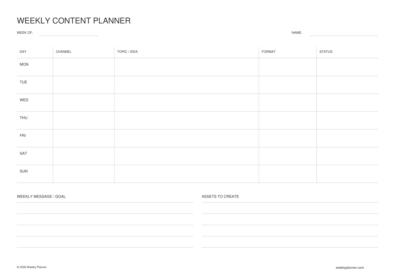 Preview of the Weekly Content Planner (A4 Landscape)