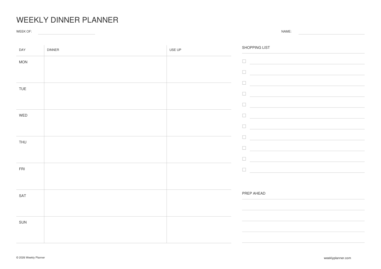 Preview of the Weekly Dinner Planner (A4 Landscape)