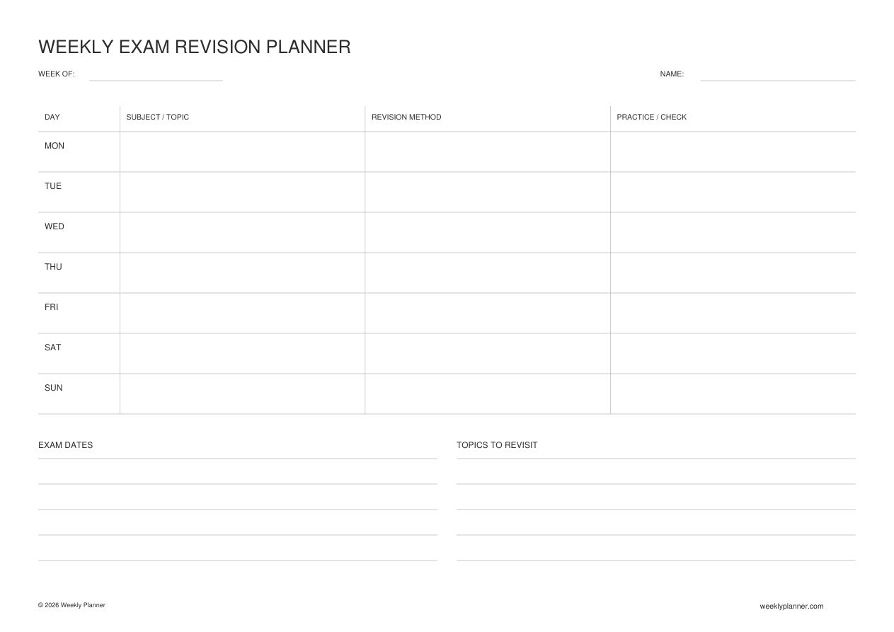 Preview of the Weekly Exam Revision Planner (A4 Landscape)