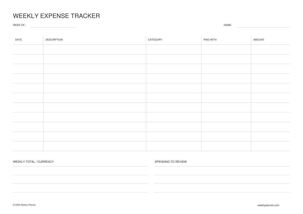 Preview of the Weekly Expense Tracker (A4 Landscape)