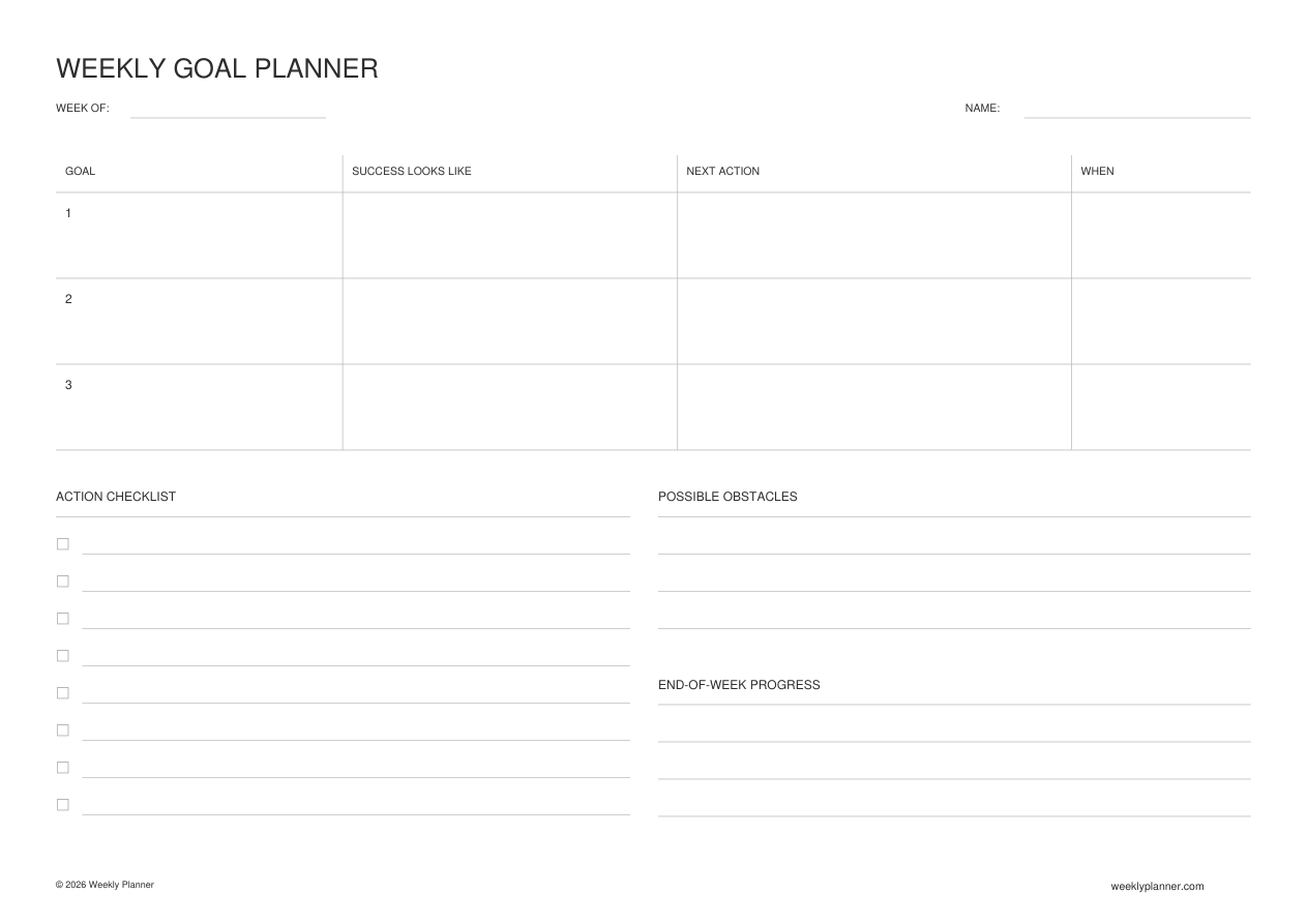 Preview of the Weekly Goal Planner (A4 Landscape)