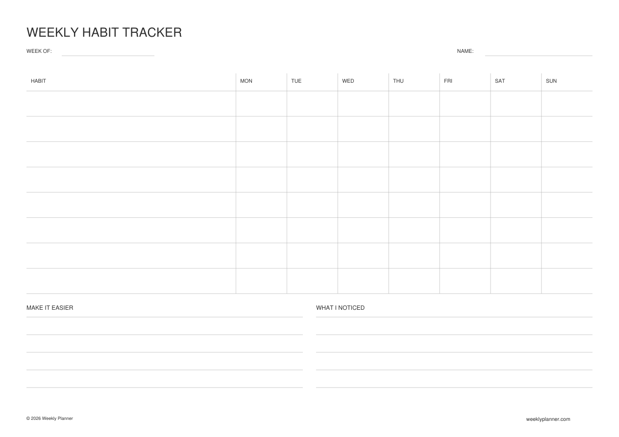 Preview of the Weekly Habit Tracker (A4 Landscape)