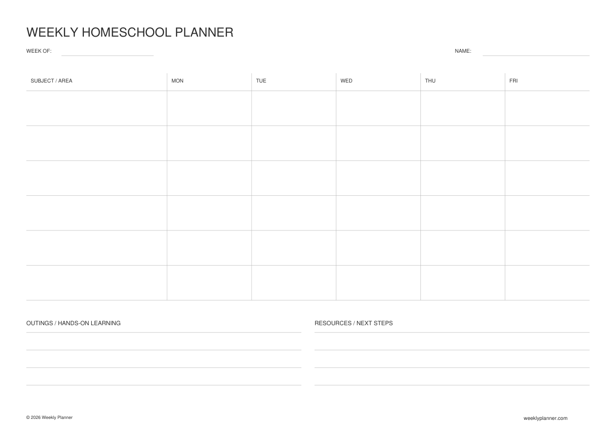 Preview of the Weekly Homeschool Planner (A4 Landscape)