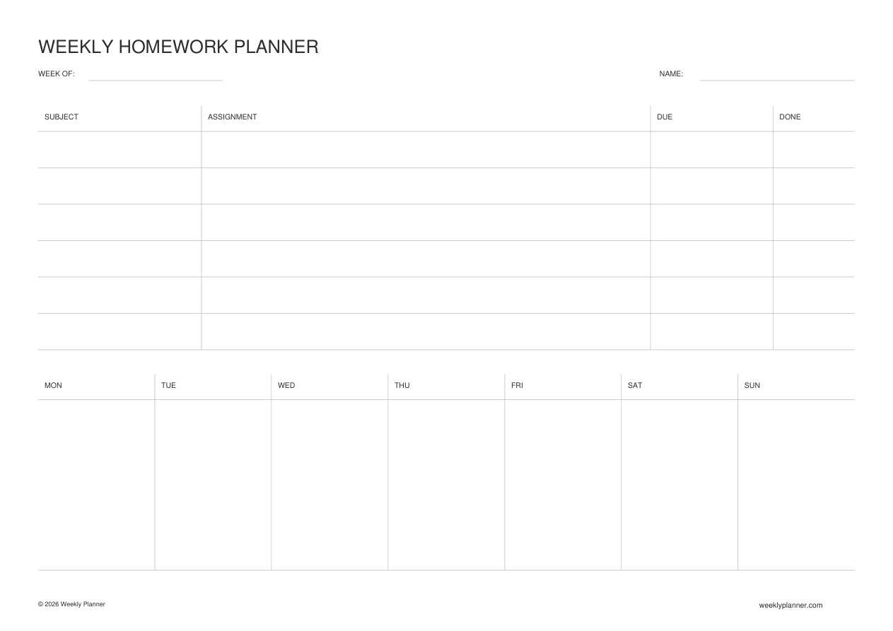 Preview of the Weekly Homework Planner (A4 Landscape)