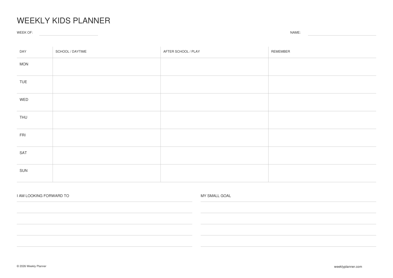 Preview of the Weekly Kids Planner (A4 Landscape)