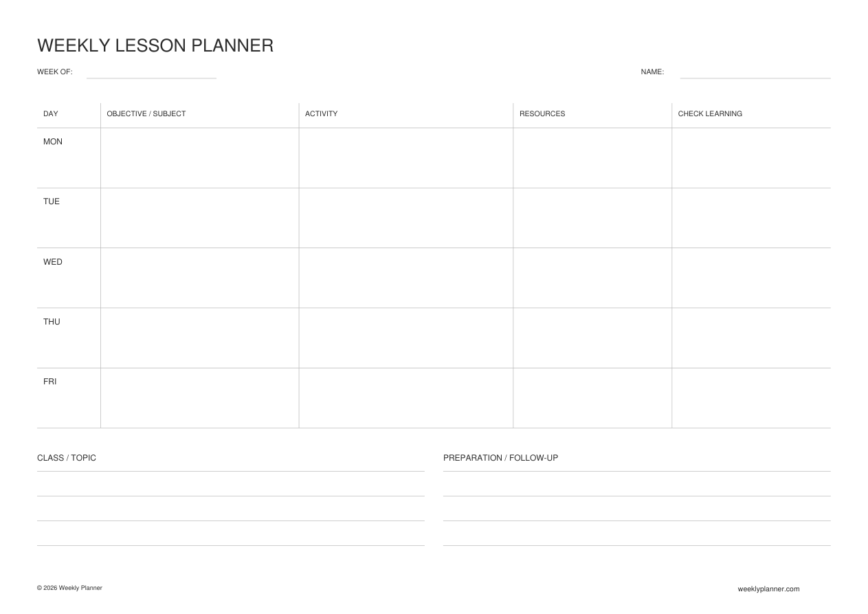 Preview of the Weekly Lesson Planner (A4 Landscape)