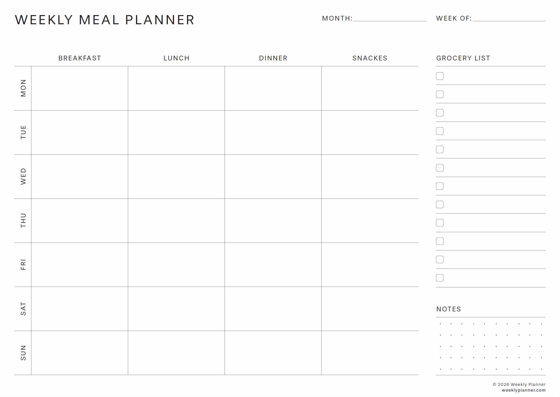 Preview of the Weekly Meal Planner (A4 Landscape)