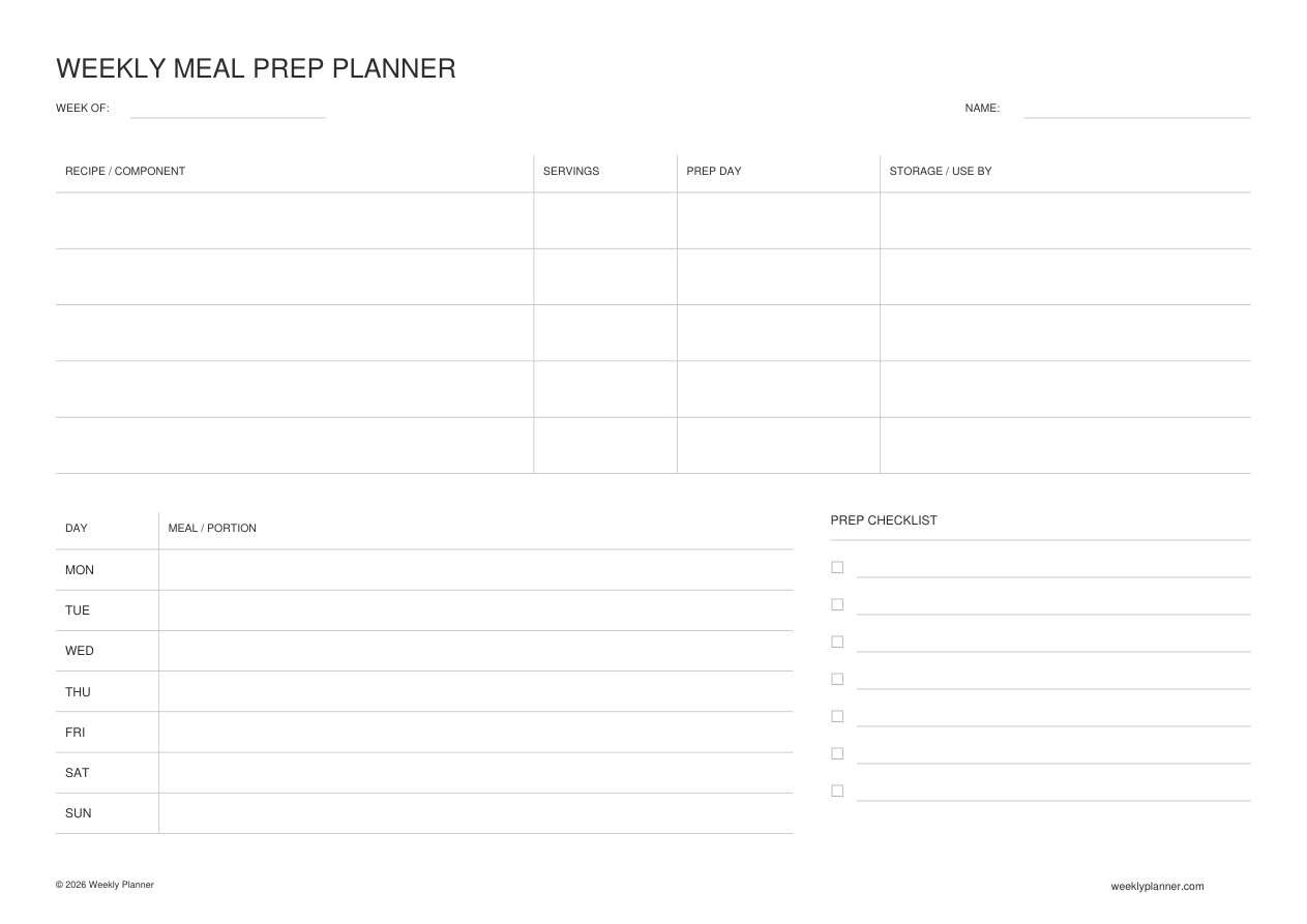 Preview of the Weekly Meal Prep Planner (A4 Landscape)