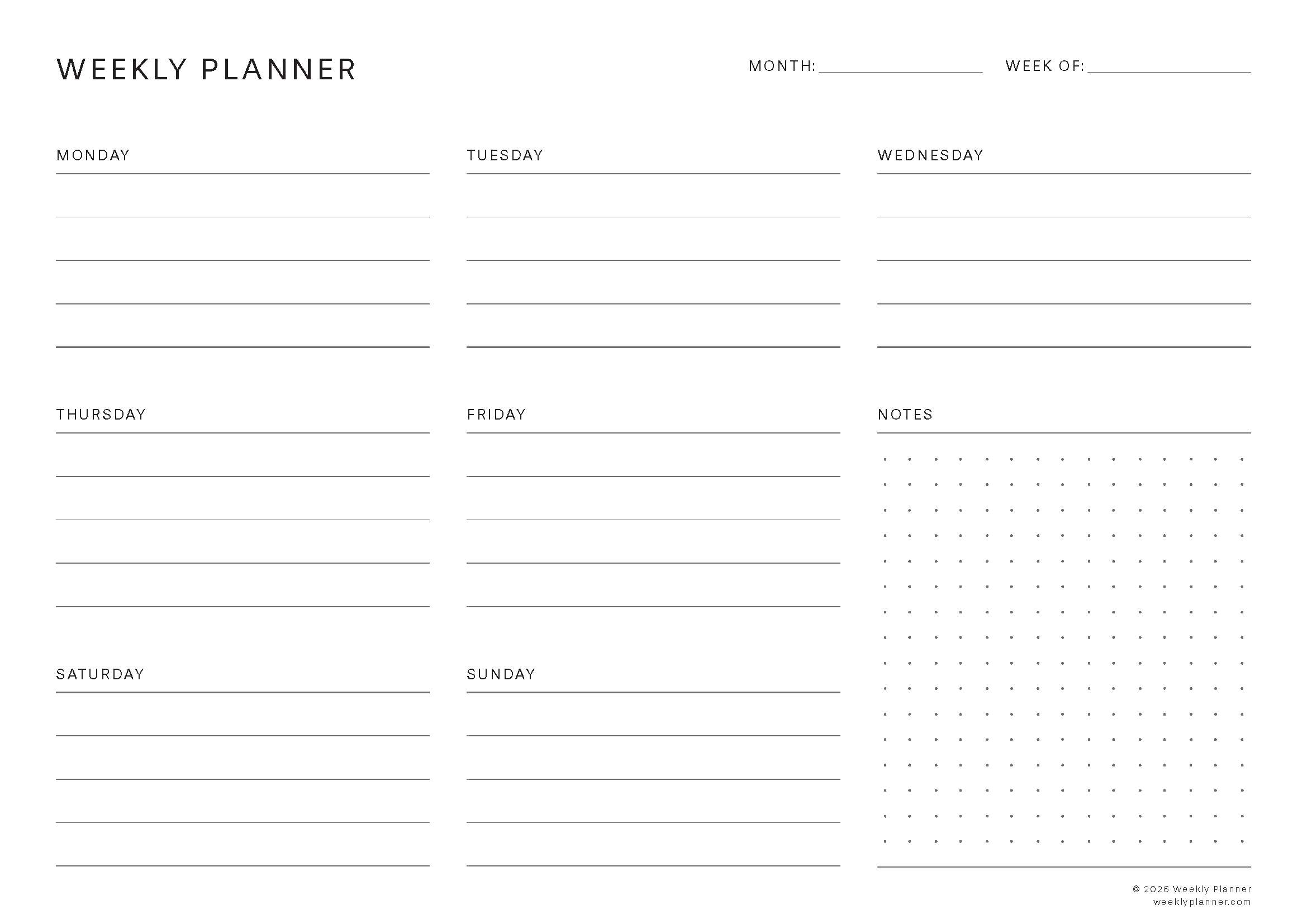 Preview of the Weekly Planner with Notes (A4 Landscape)