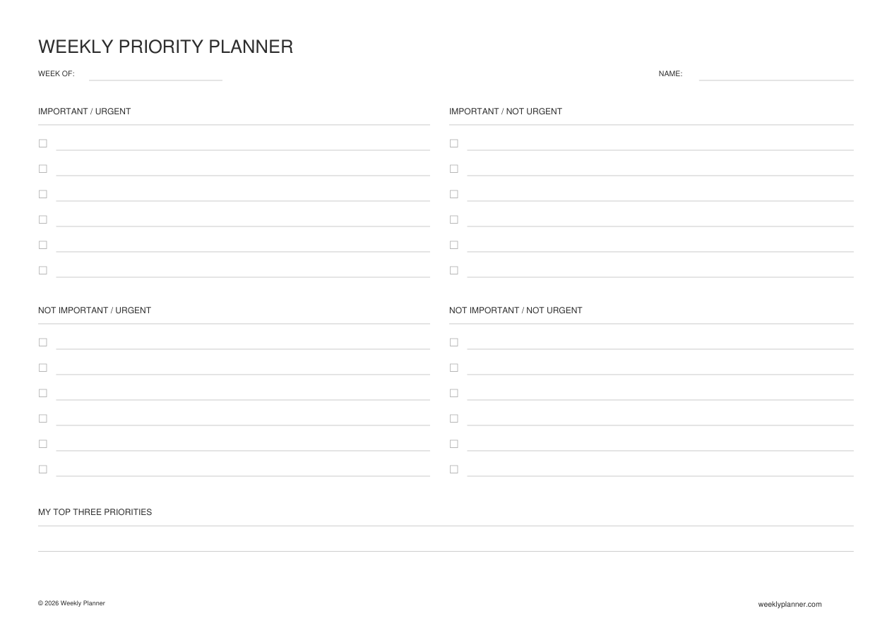 Preview of the Weekly Priority Planner (A4 Landscape)