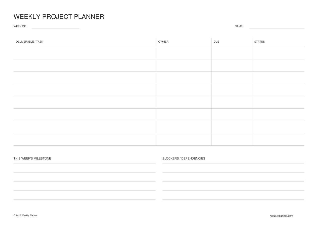 Preview of the Weekly Project Planner (A4 Landscape)
