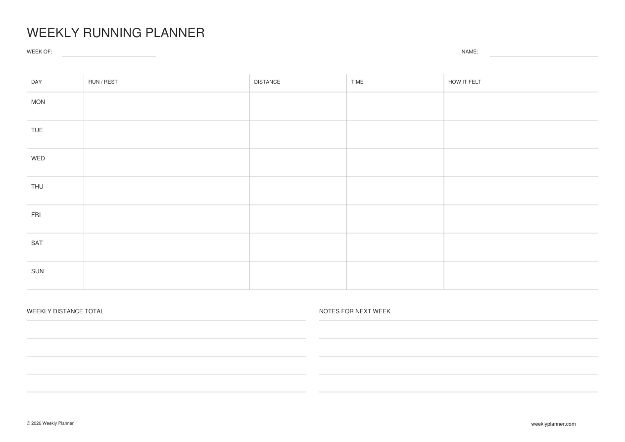 Preview of the Weekly Running Planner (A4 Landscape)