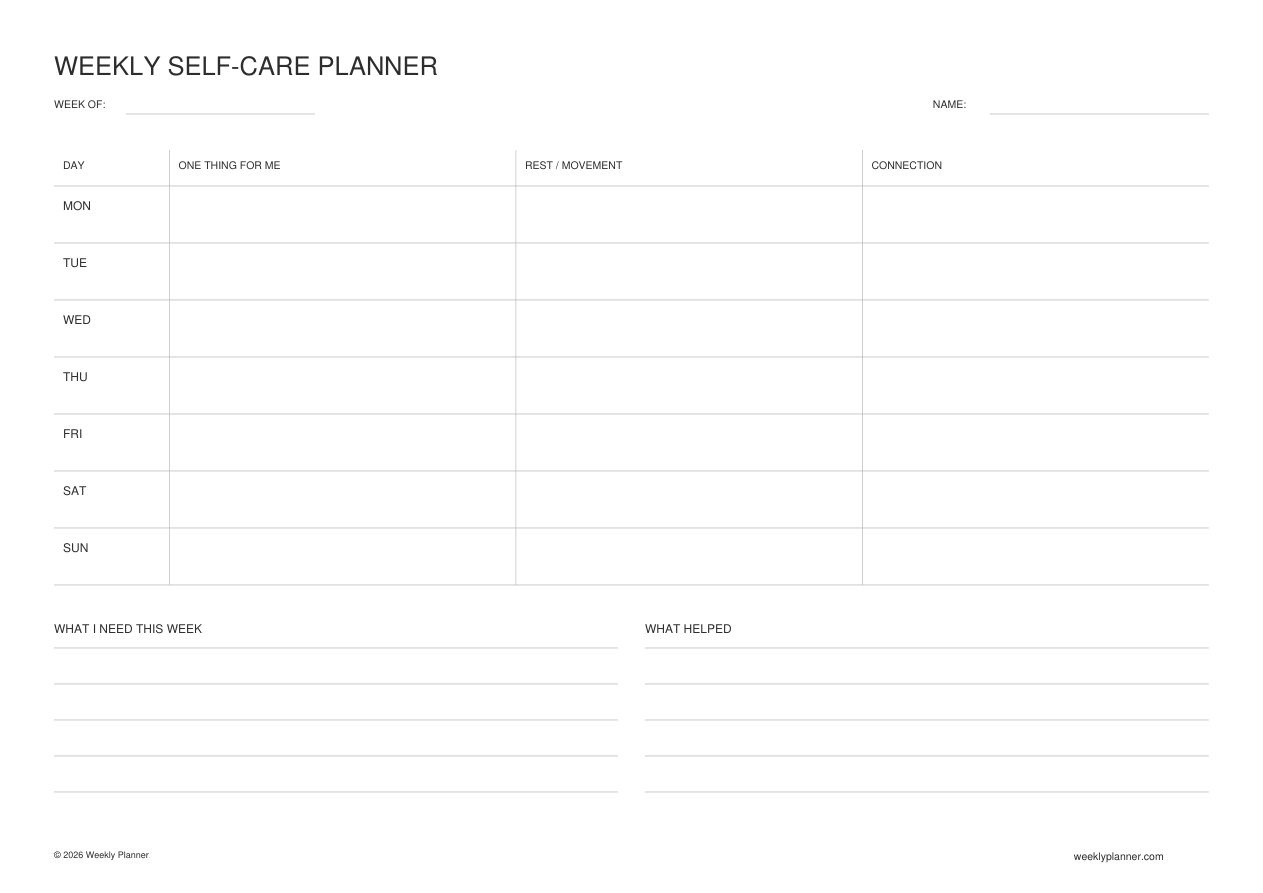 Preview of the Weekly Self-Care Planner (A4 Landscape)