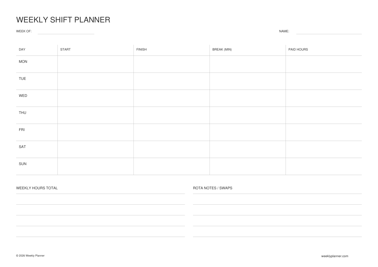 Preview of the Weekly Shift Planner (A4 Landscape)