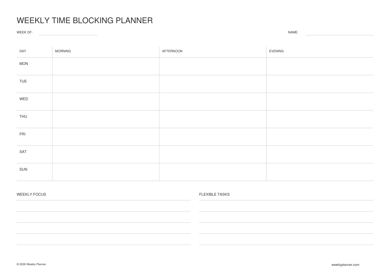 Preview of the Weekly Time Blocking Planner (A4 Landscape)