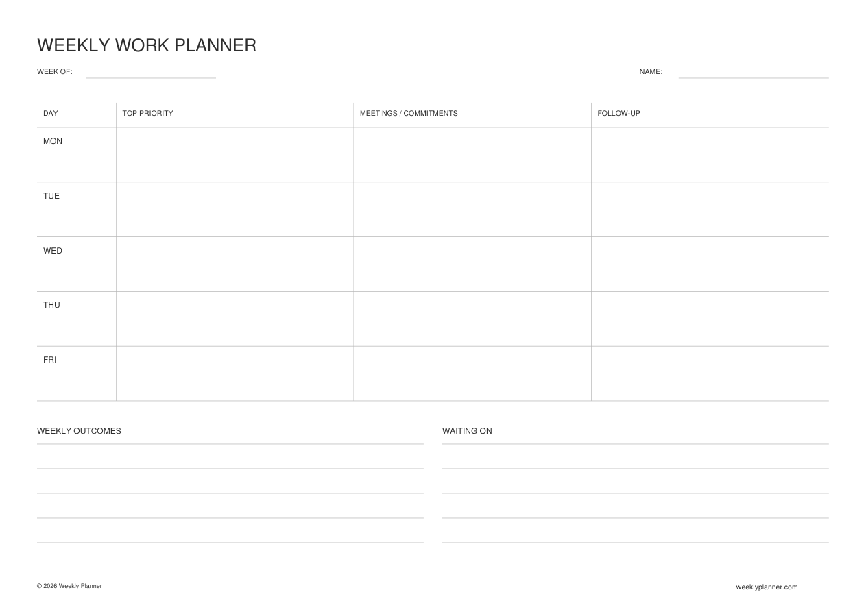 Preview of the Weekly Work Planner (A4 Landscape)