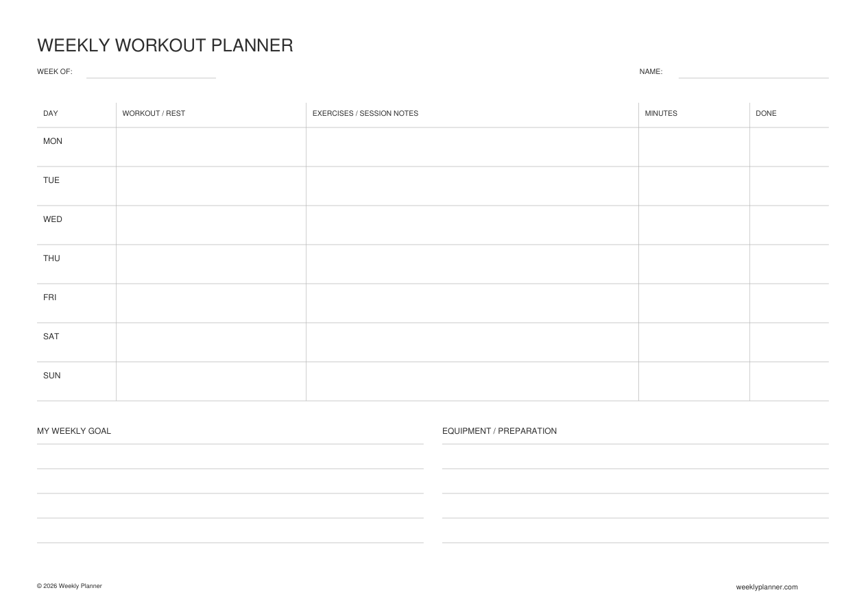 Preview of the Weekly Workout Planner (A4 Landscape)