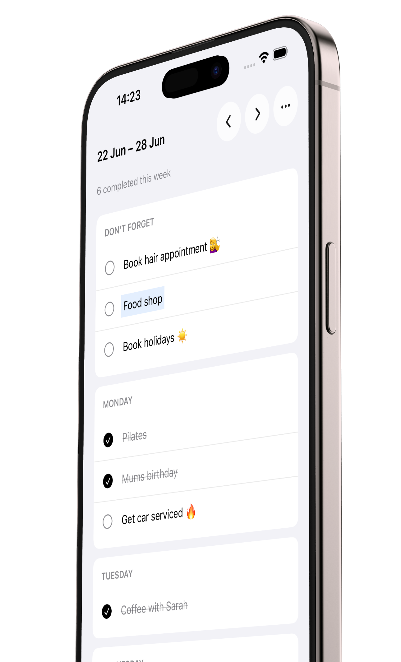 Weekly Planner running on iPhone